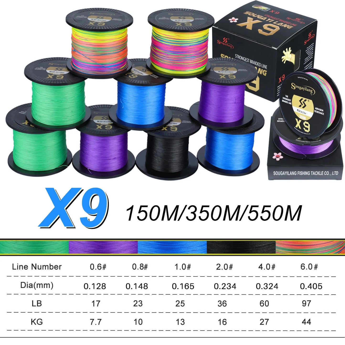 Sougayilang 9 Strands Strongest PE Fishing Line Braid 150M 350M 550M Performance Fibers 17-97LB Fishing Wire 5 Colors