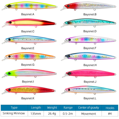 TSURINOYA 135S Ultra Long Casting Sea Fishing Lure Sinking Minnow 135mm 26.4g BAYONET Seabass Saltwater Tungaten Weight Hard Bai