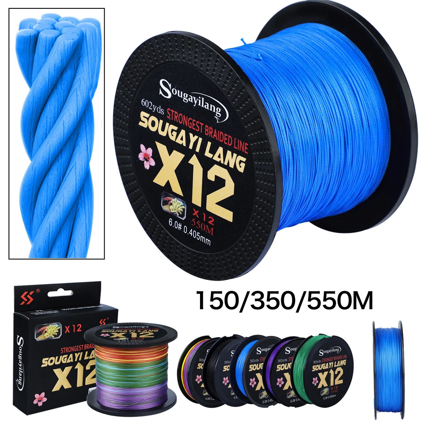 Sougayilang X12 12-strand Braided Fishing Line 150M 350M 550M Multifilament PE Wires Salt Water Fresh Water Fishing Tackle Tools