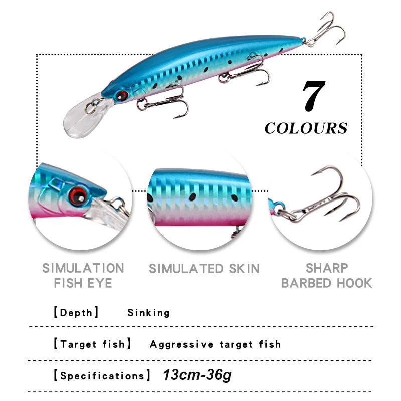 YUCONG 1PX Sinking Minnow Bait 13cm-36g Trolling Fishing Lure Silent Hard Wobbler Sea leurre peche cebo duro Isca señuelos Pesca