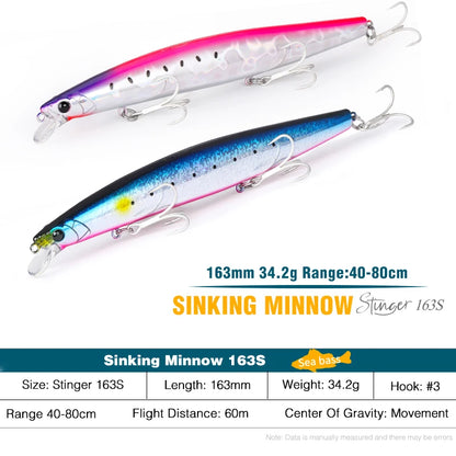 TSURINOYA STINGER 163S Ultra Long Casting Sinking Saltwater Minnow 163mm 34.2g Sea Fishing Lure Artificial Large Hard Baits