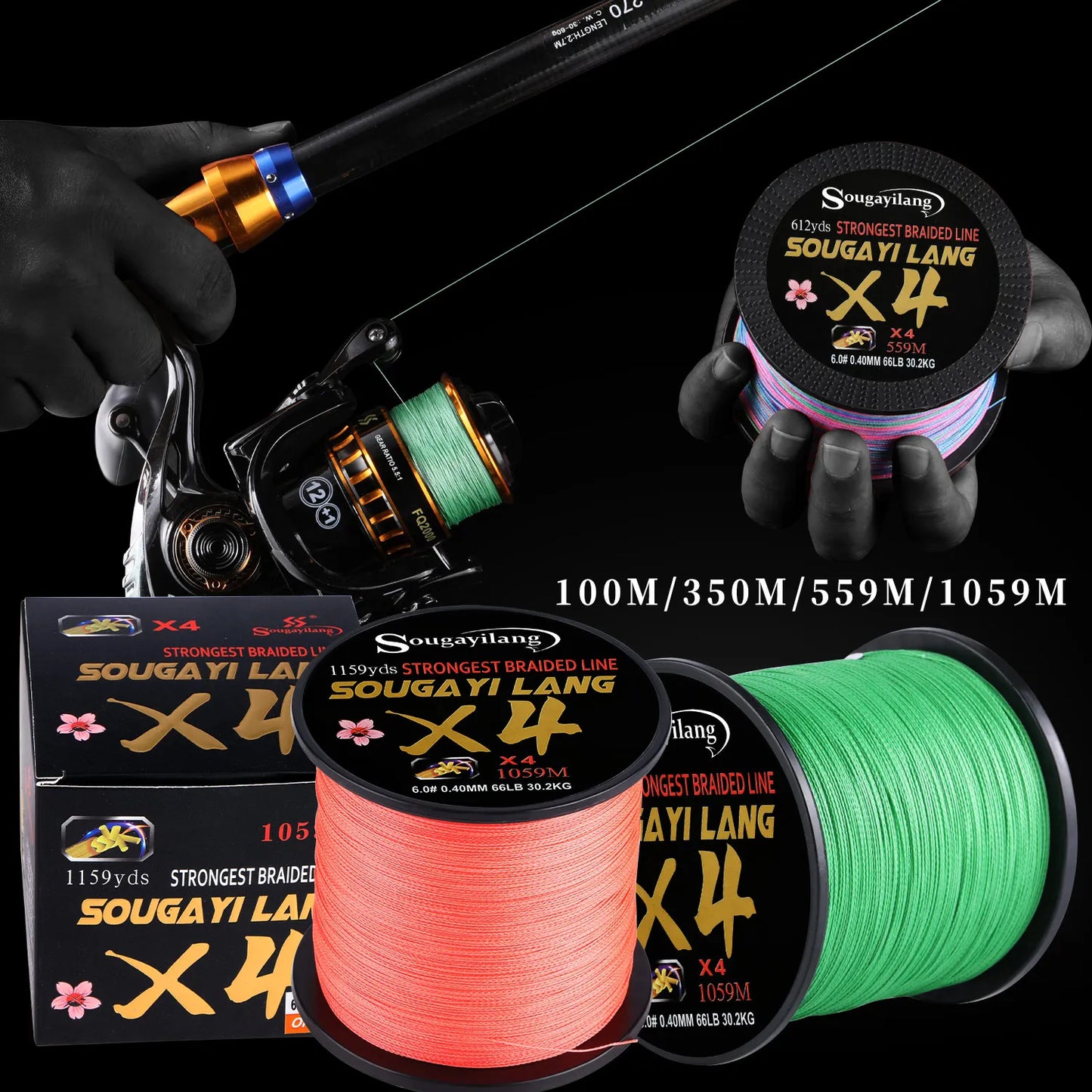 Sougayilang Braided Line 4X 100/300m 5 Colors Max Drag 66 LB Line Multifilament PE Line for Saltwater Sea Fishing Accessories