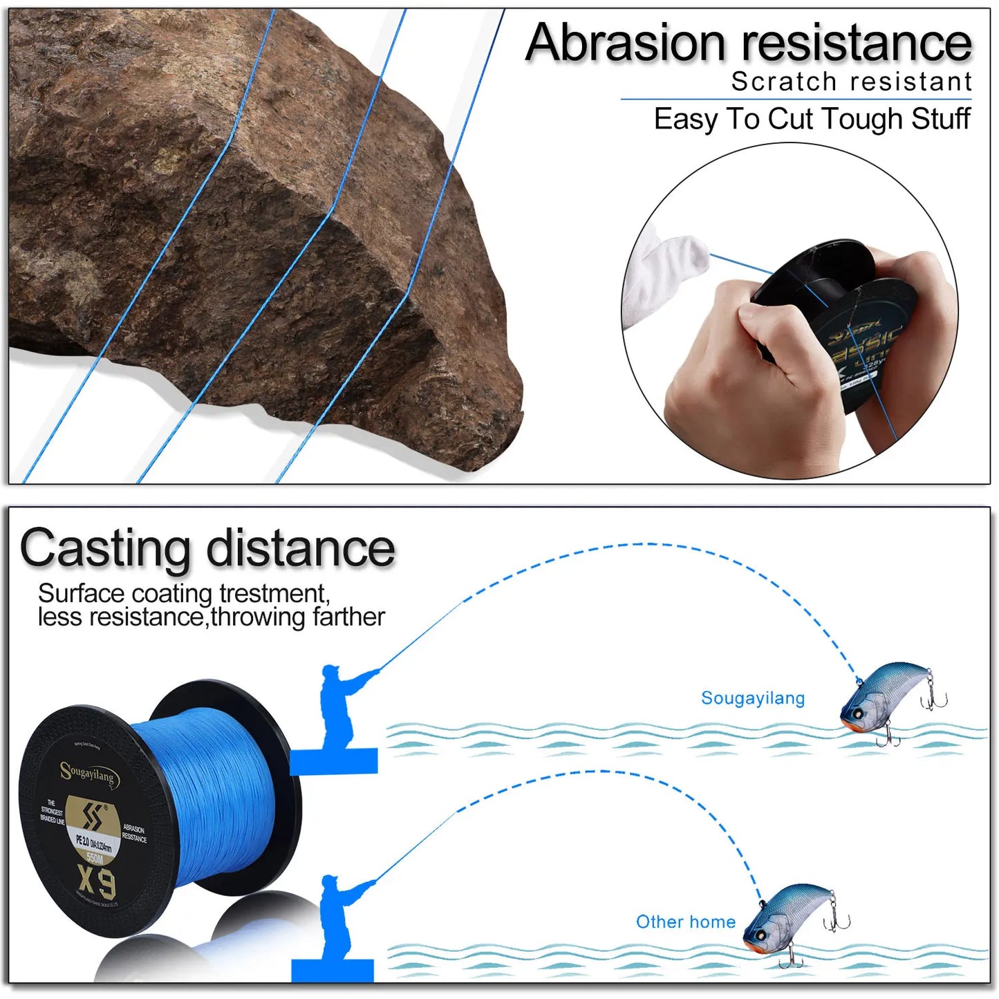 Sougayilang 9 Strands Strongest PE Fishing Line Braid 150M 350M 550M Performance Fibers 17-97LB Fishing Wire 5 Colors