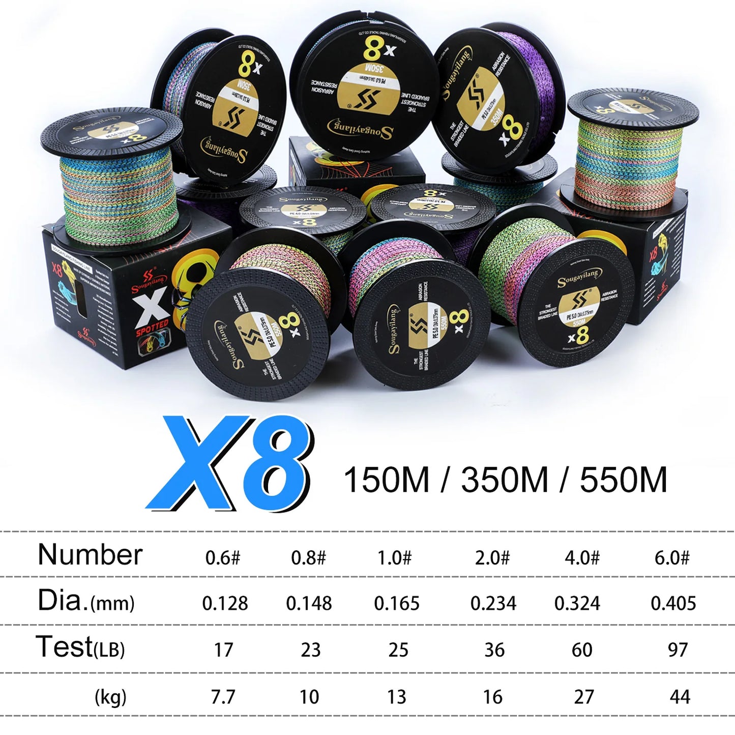 Sougayilang Braided Fishing Line 8 Strands 150M-550M 17-97LB Multifilament Pe Thread Line for Saltwater Carp Bass Trount Fishing