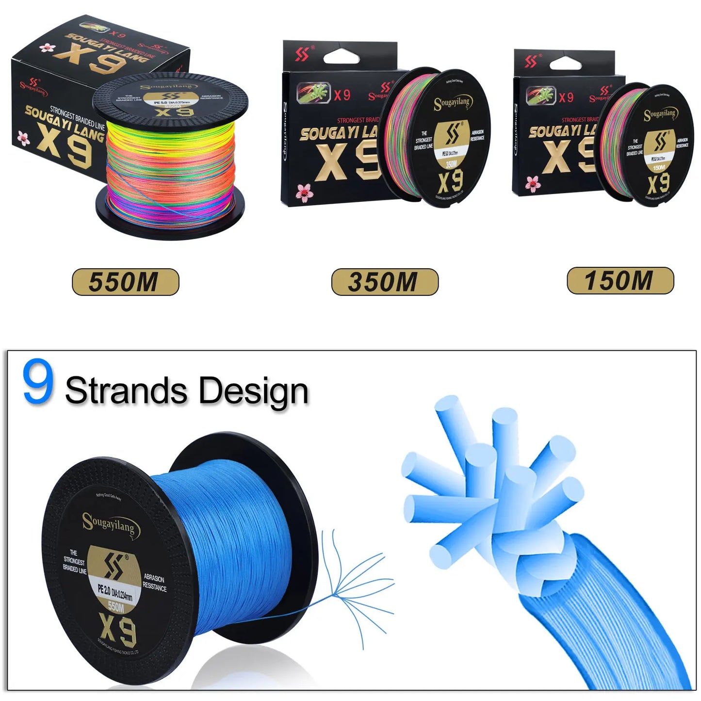 Sougayilang X9 Braided Fishing Line 550M 350M 150M 17-97LB Multifilament Fishing Line 0.128-0.405mm Super Strong PE Line Pesca