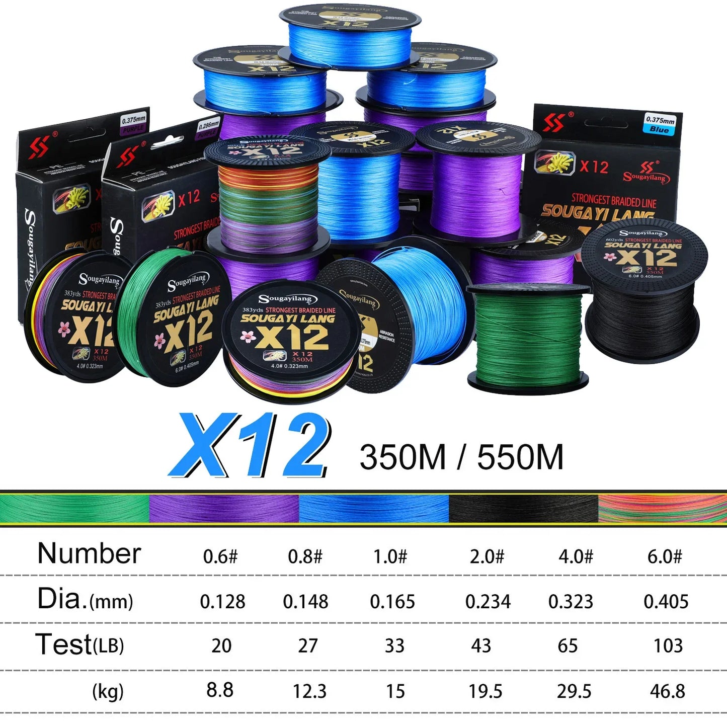 Sougayilang New X12 Super Strong 12 Strands Braided Fishing Line 150M 350M 550M Multifilament PE Line Saltwater Fishing Tackle
